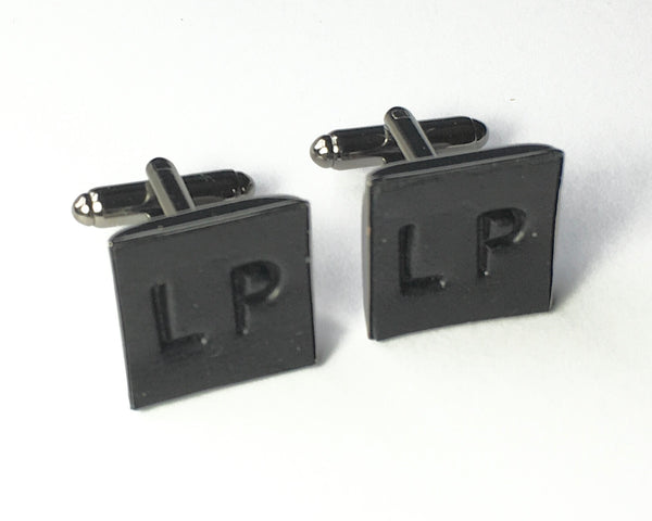 Square Cufflinks Black Leather Cufflinks on Gunmetal metal backs