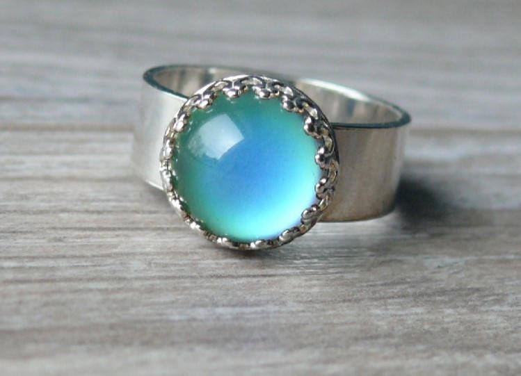 Mood Ring 925 Sterling Silver Wide Band Hippie, Retro 70s