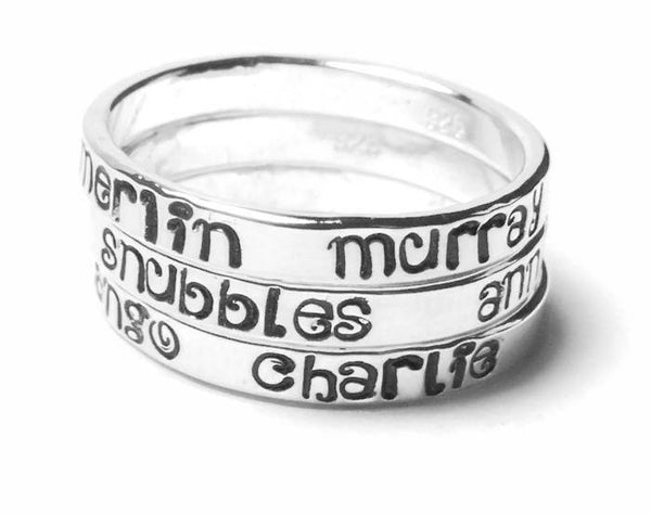 sterling silver stacking rings with engraved names