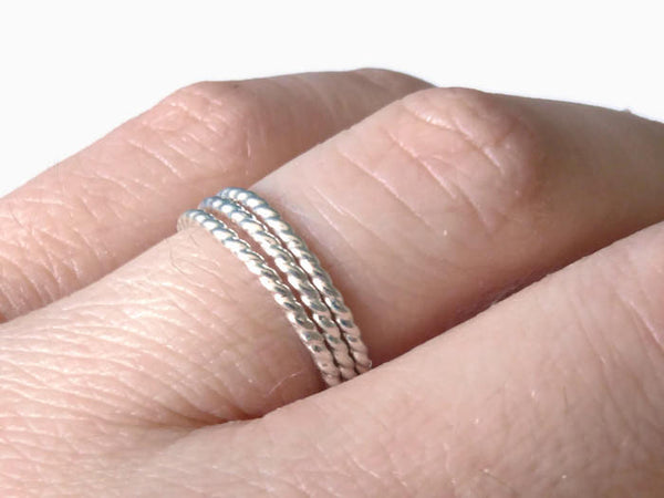 Sterling silver stacking ring set • Twisted rope ring • Stackable rings • Super skinny ring • Twisted stackers • Dainty ring set of 3