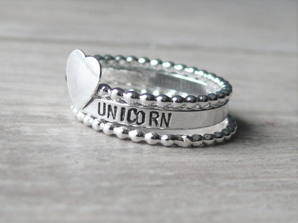 Stackable name ring • Personalized rings Sterling silver stacking ring set • Custom name ring • Sterling silver ring • Heart ring