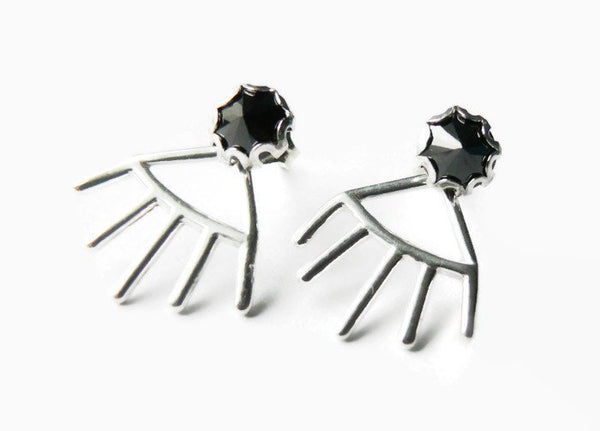Sterling silver tribal earrings • Deep V moonbeam ear jacket spike • Double sided earrings • Black stud earrings birthstone