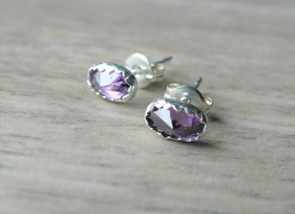 Oval CZ amethyst earrings • Sterling Silver birthstone earrings • Oval stud earrings • Amethyst point earrings • CZ studs