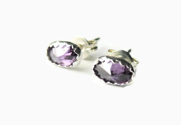 Oval CZ amethyst earrings • Sterling Silver birthstone earrings • Oval stud earrings • Amethyst point earrings • CZ studs