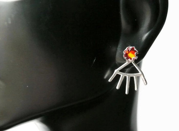 Spike Ear jacket earring • Spiky ear jacket • Modern geometric earrings • Red birthstone earrings • Sterling silver front back earrings