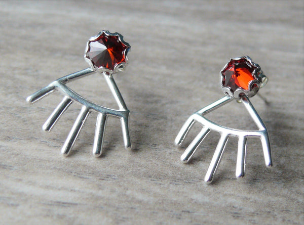 Spike Ear jacket earring • Spiky ear jacket • Modern geometric earrings • Red birthstone earrings • Sterling silver front back earrings