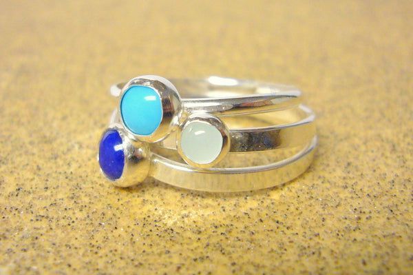 Sterling silver gemstone stacking rings set lapis lazuli, turquoise, and aquamarine blue summer fashion Etsy jewelry