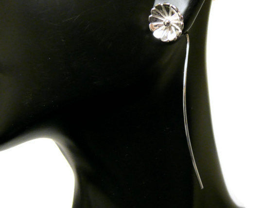 Silver Flower Earrings Long Stem Threader Dangle Earrings