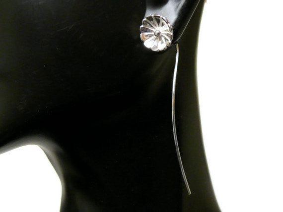 Silver Flower Earrings Long Stem Threader Dangle Earrings