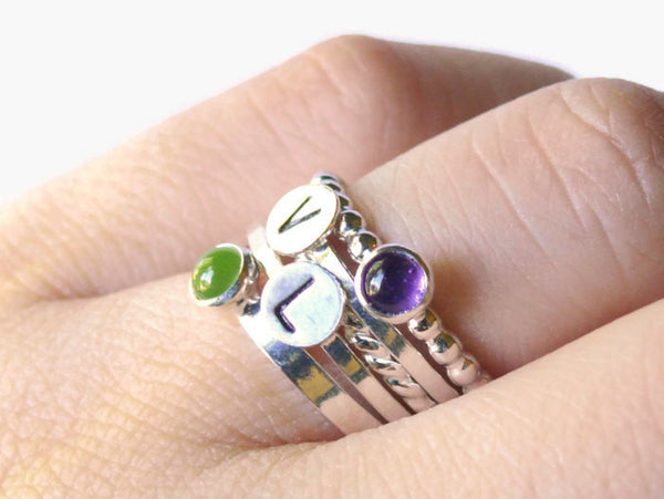 Initial ring set personalized jewelry Sterling silver stacking ring set Silver monogram ring gemstone amethyst and peridot mothers ring