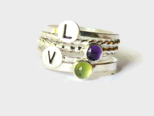 Initial ring set personalized jewelry Sterling silver stacking ring set Silver monogram ring gemstone amethyst and peridot mothers ring