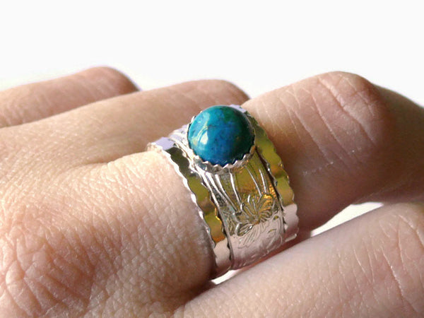 Wide band ring Chrysocolla ring promise ring turquoise blue gemstone ring sterling silver ring stacking ring set Etsy jewelry