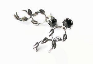 Sterling silver leaf and vine ear jackets with black CZ studs