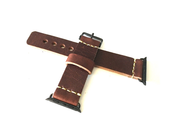 Artisan Rugged Apple Watch Strap, Horween Dublin Leather Band with Lime Green Waxed Thread, Horween Dublin Brown Nut Color