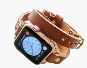 tan brown double wrap leather band for Apple watch