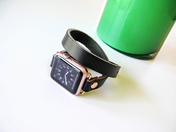 Apple watch with black leather double wrap band
