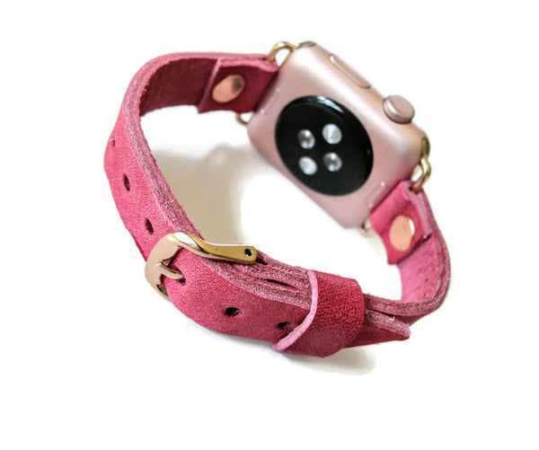 Pink Apple Band, pyramid stud band,  Band, Genuine Leather band, Pink leather strap, Apple watch band, handmade single tour band, apple band