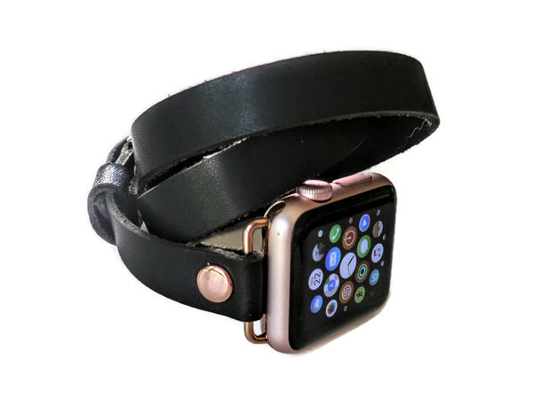 Triple wrap watch band for Apple watch • Horween Full grain black leather strap