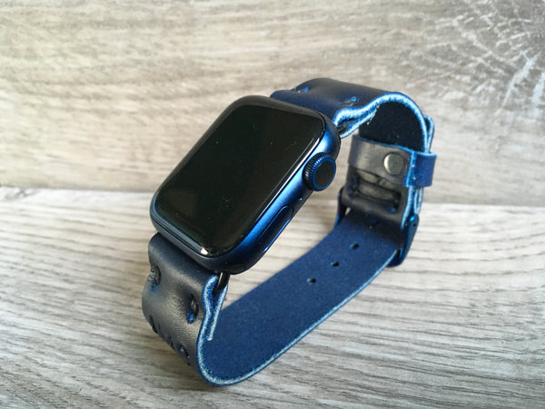 Blue Apple Watch Band, Leather Band for Series 7, Series 8 Apple Watch Band, Horween Leather Band for Blue