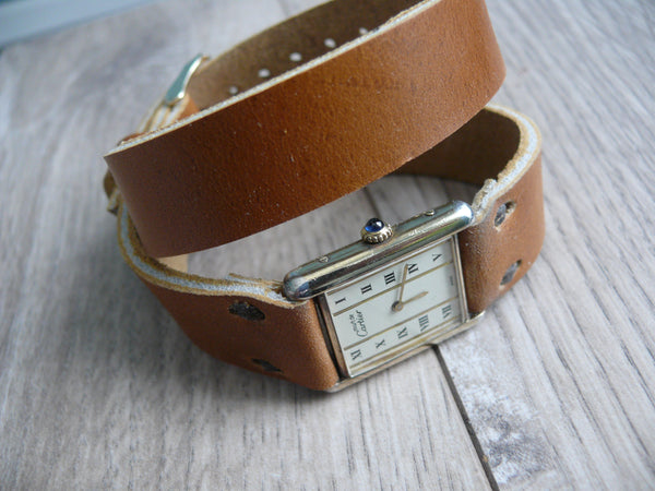 Horween Leather Watch Band, Camel Brown Double Wrap Watch Band, 14mm 16mm 18mm 20mm 22mm band