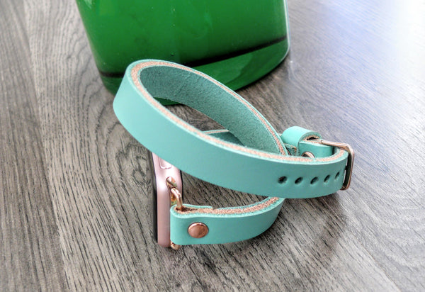 Seafoam Turquoise Apple Watch Band, Double Wrap Strap, Wickett & Craig Genuine Leather Band