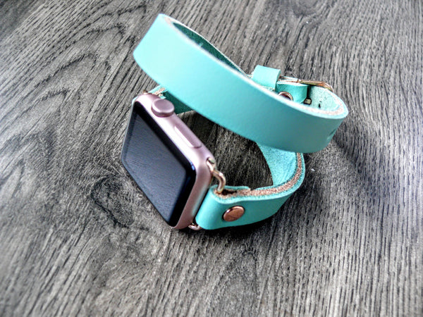 Seafoam Turquoise Apple Watch Band, Double Wrap Strap, Wickett & Craig Genuine Leather Band