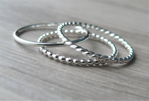 sterling silver stacking ring set twist and beaded