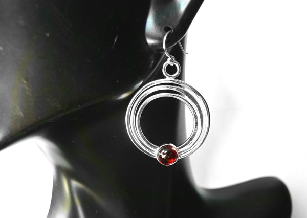 sterling silver garnet dangle circle earrings