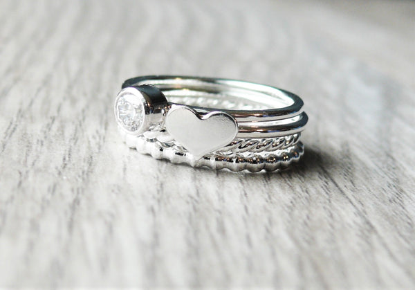 heart and cubic zirconia stacking rings