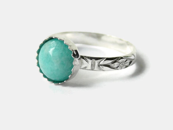 Sterling Silver amazonite ring silver gemstone ring sterling silver ring mint green silver stacking ring floral band ring