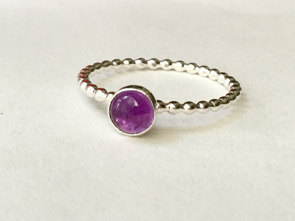 sterling silver purple amethyst ring with beaded band