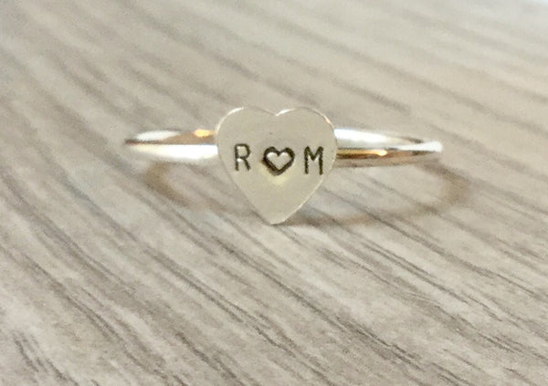 Personalized heart initial ring, stacking rings, tiny sterling silver heart, couples ring true love engraved