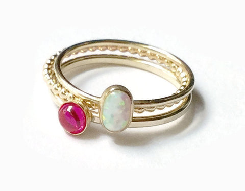 ruby and opal yellow gold stacking ring set