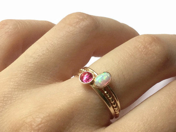 dainty ruby and opal gold rings