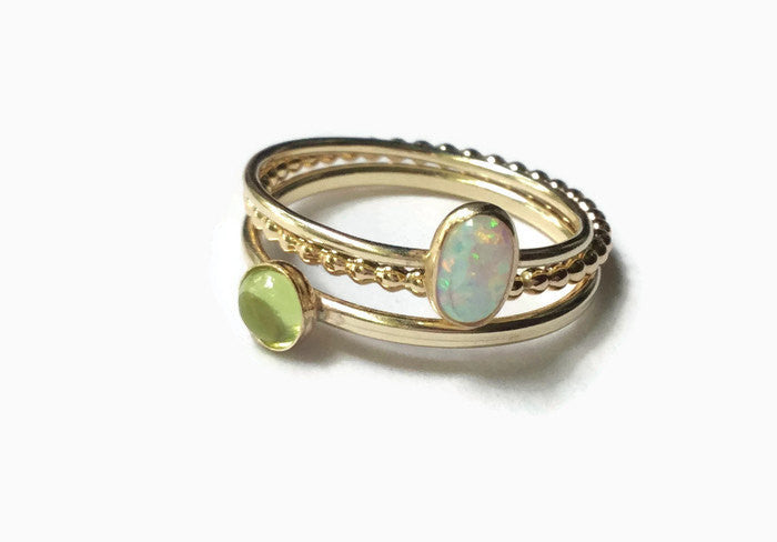 peridot and opal gold stacking rings