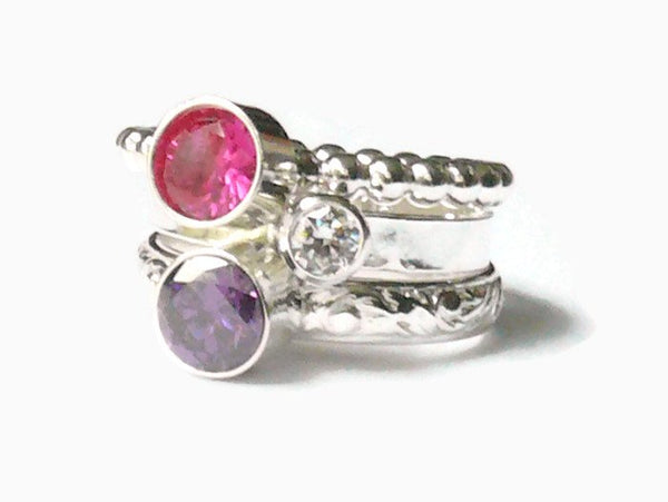 stacking ring set with ruby and amethyst CZ