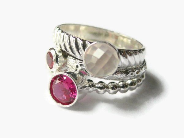 pink gemstone silver stacking ring set