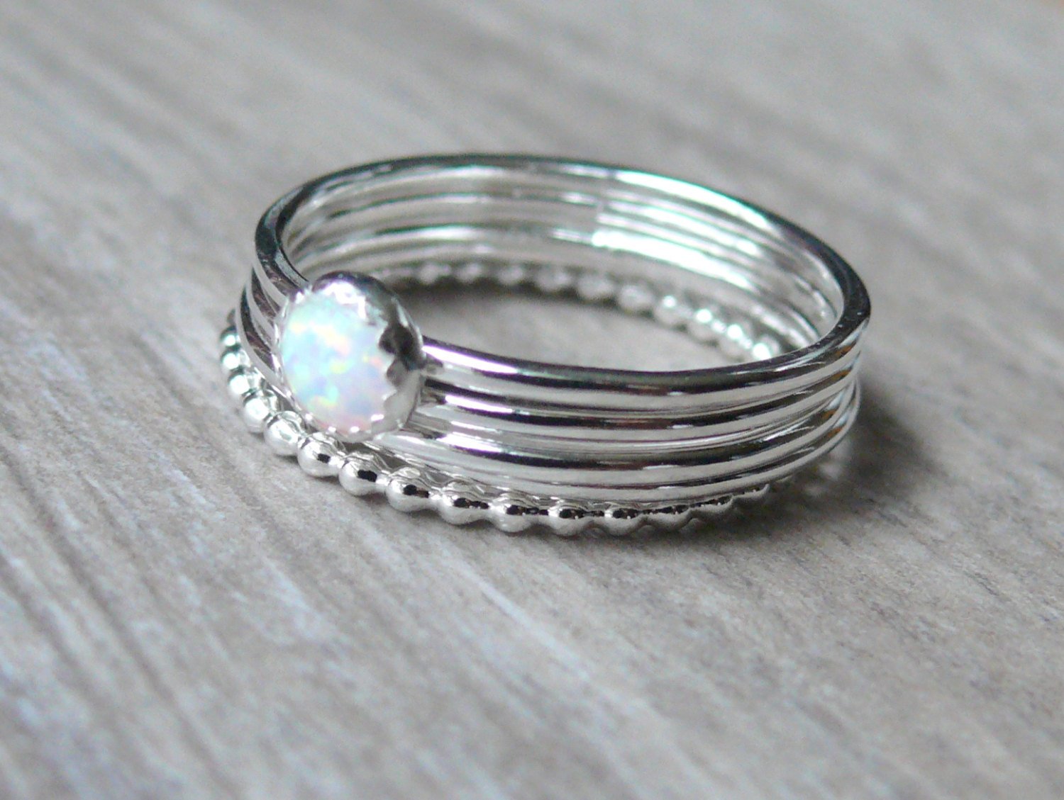 White opal ring in silver, Opal stackable ring, Sterling silver stacking ring set