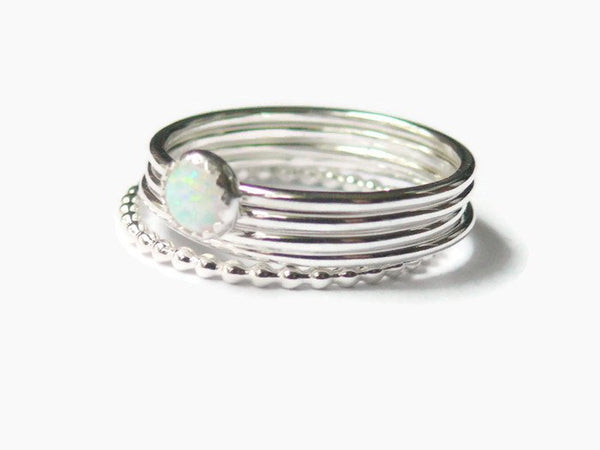 White opal ring in silver, Opal stackable ring, Sterling silver stacking ring set