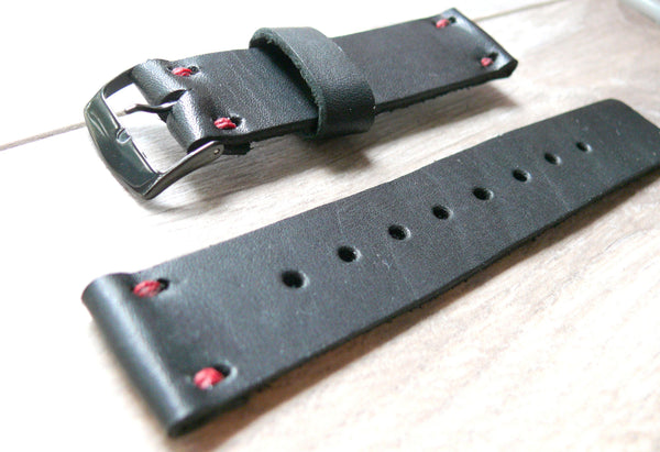 black leather watch strap with black buckle