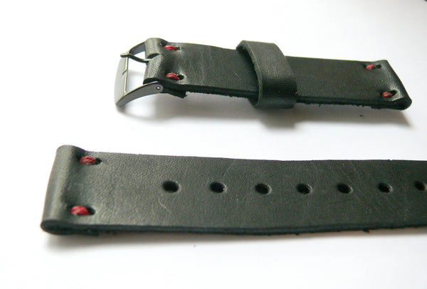 hand-stitched black leather watch strap