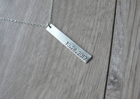Personalized bar necklace date pendant, vertical bar necklace Sterling silver, anniversary gift for her women custom tag necklace