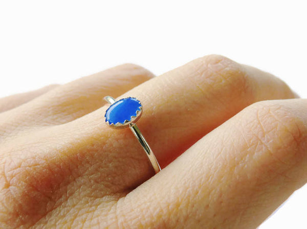 Sterling silver blue agate ring / Oval gemstone ring / Silver stacking ring / Sterling silver ring gemstone stackable ring