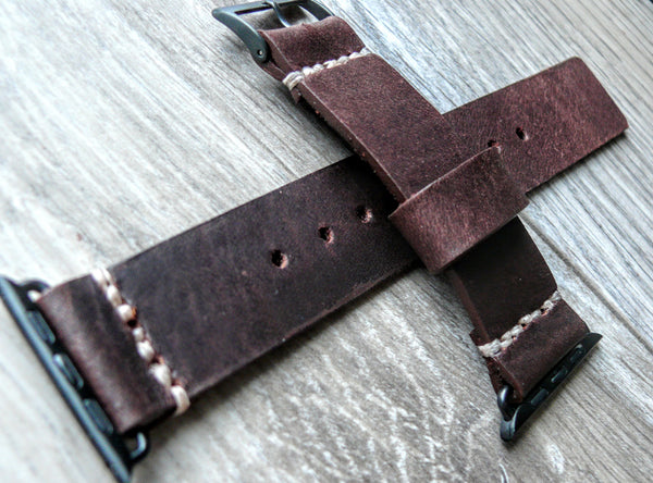 hand-stitched brown leather watch band