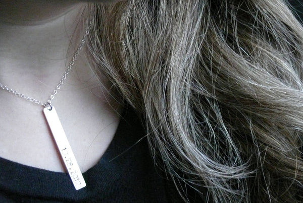 Personalized bar necklace date pendant, vertical bar necklace Sterling silver, anniversary gift for her women custom tag necklace