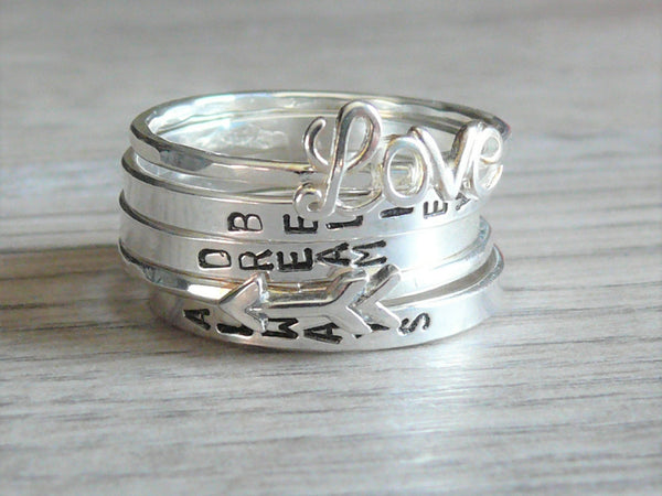 Personalized ring with kids names • Hand stamped ring with names • Sterling silver stacking ring • Custom name ring • Mothers ring