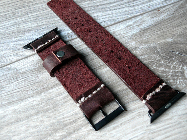 hand-stitched brown leather iwatch strap