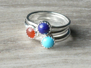 Sterling silver ring turquoise, lapis lazuli, carnelian • Silver stacking rings with stone • Gemstone stacking rings set