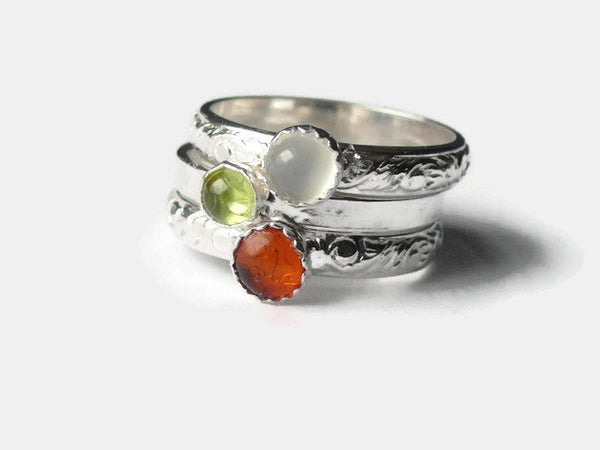 Sterling silver stacking gemstone rings • Natural stone rings amber, moonstone, peridot stackable rings • Sterling silver stacking ring set