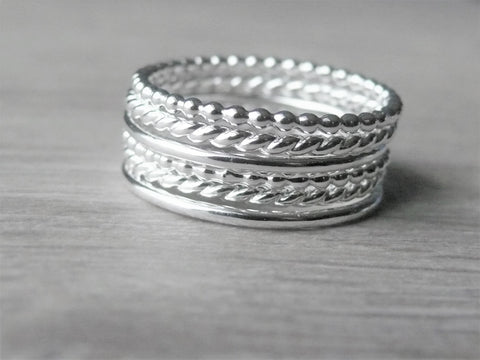 bead and twist silver stacking rings